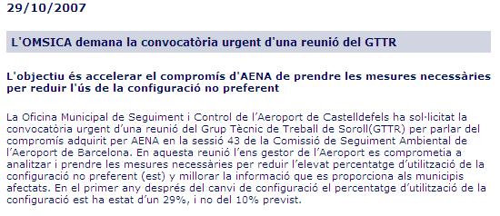 Noticia publicada en la web de la OMSICA del Ayuntamiento de Castelldefels informando que han solicitado una reunin del GTTR de manera urgente (29 octubre 2007)